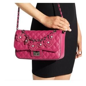 JustFab Women's Quilted Purse Crossbody Bag Flower Cutouts Detail Pink Leather